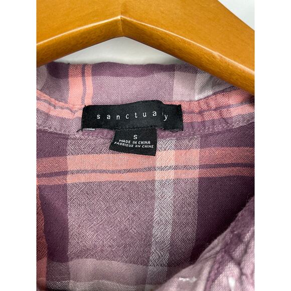 Sanctuary Plaid Short Sleeve Button Up Shirt Womens Size S Purple Pink Linen - Picture 3 of 7